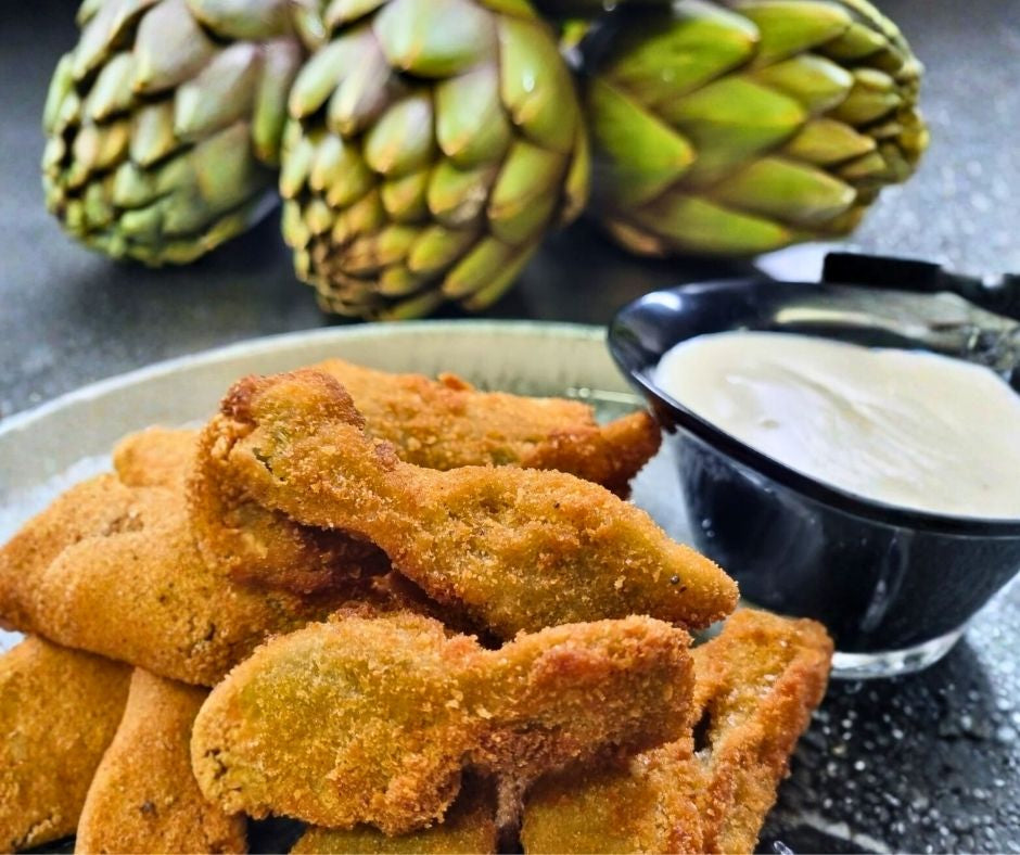 Artichoke heart, breaded and fried, with Parmesan fondue