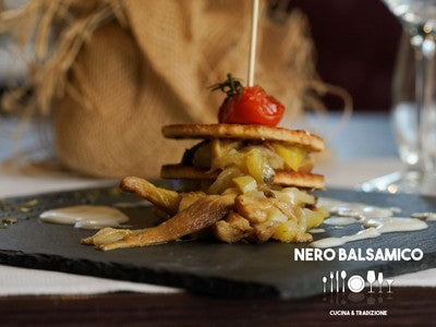 Gourmet crispy piada mille-feuille with porcini mushrooms
