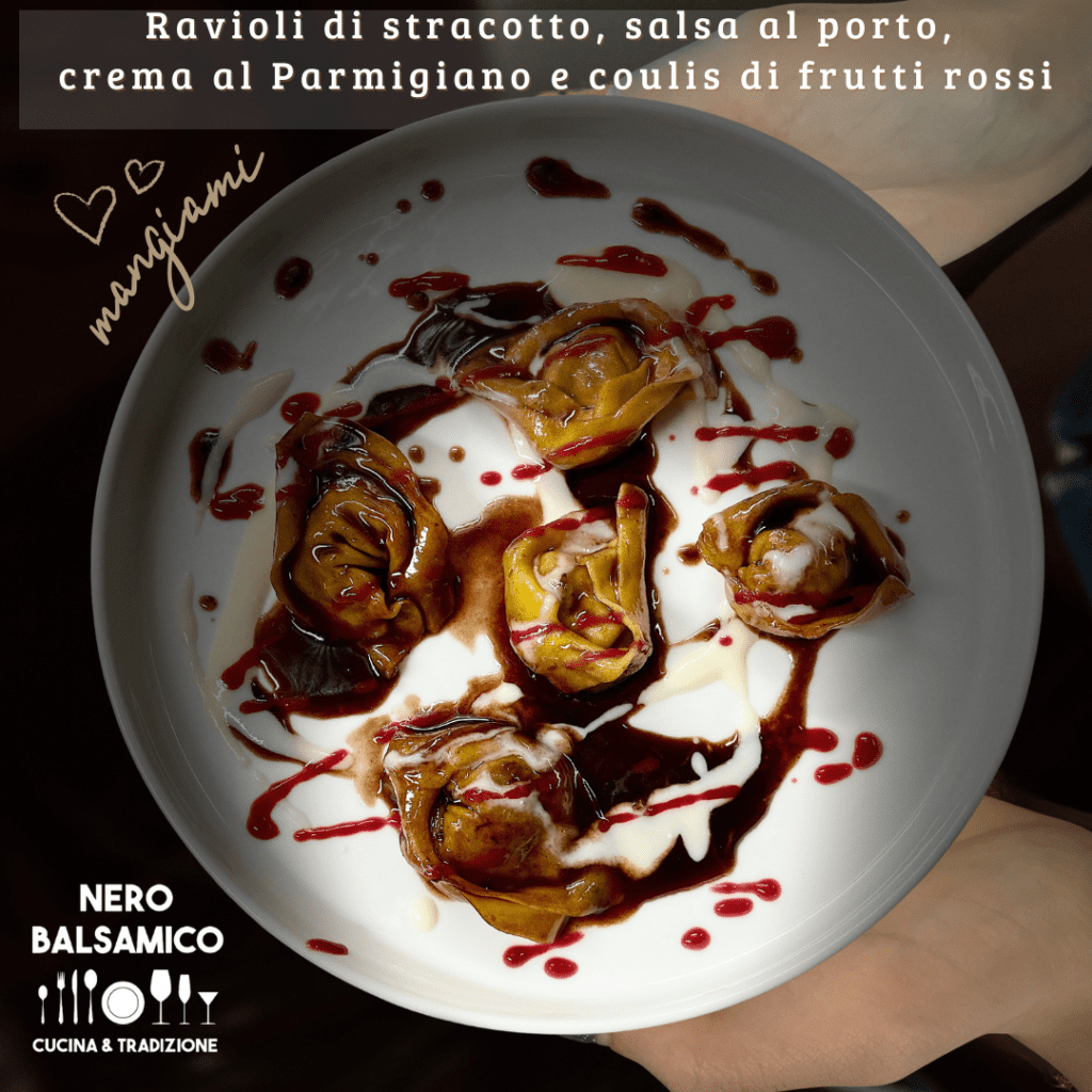 Braised beef ravioli with Port wine sauce, Parmesan cream, and red berry coulis