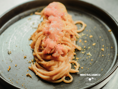 Spaghetti from "Mancini" pasta factory with cacio e pepe, bottarga di muggine, red prawn tartare and lime